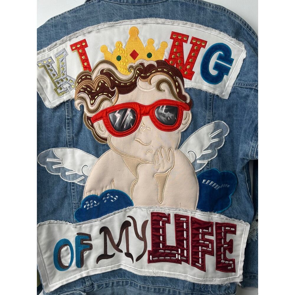 King Of My Life Fall Denim Jacket By Sour Fruit sz L Retro Y2K Distressed Street - Picture 2 of 9